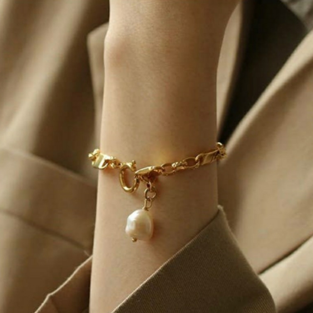 18K Gold plated Chain Pearl Drop Bracelet Handmade NWT